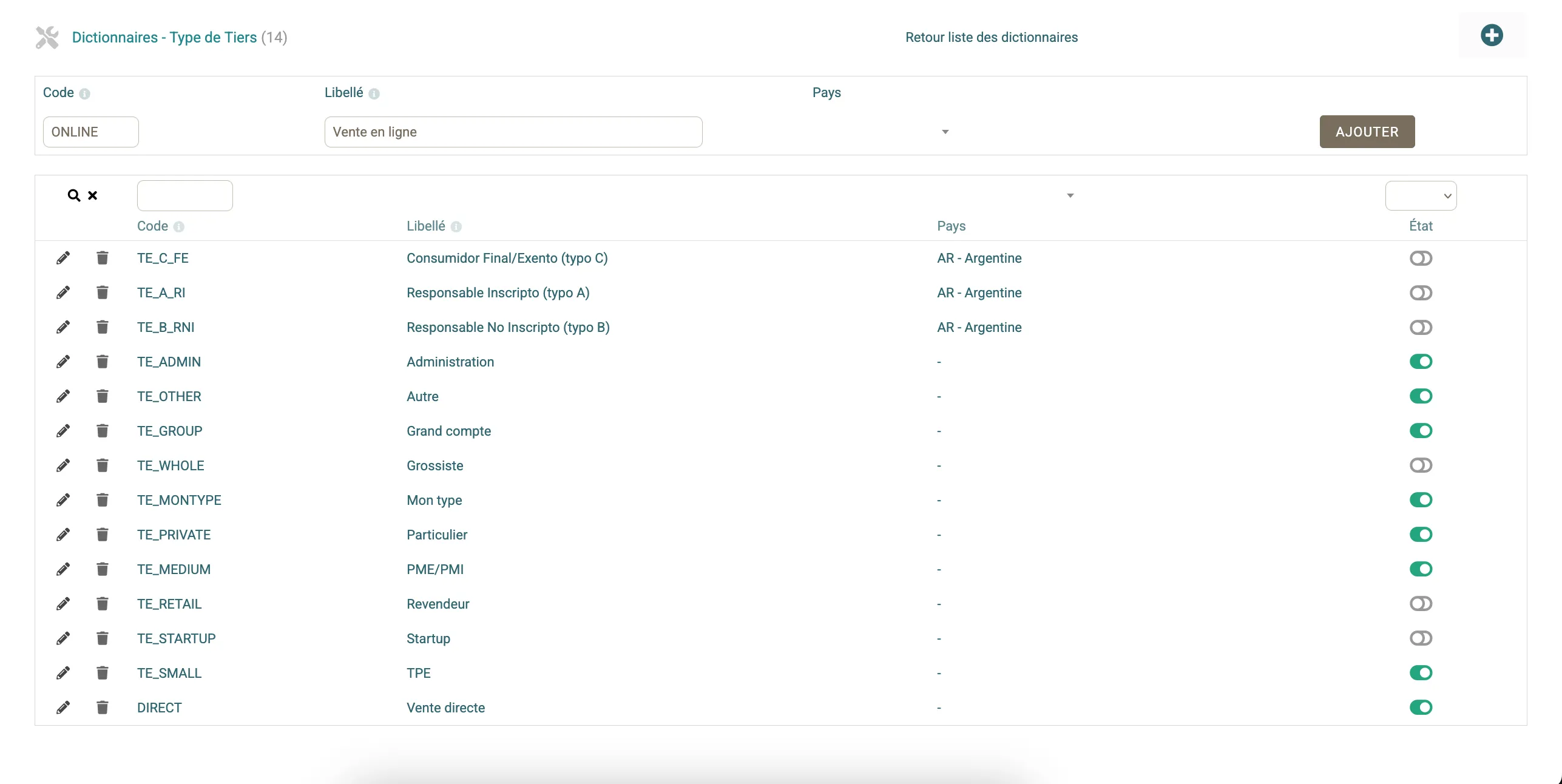 Ajouter les types de tiers au dictionnaire