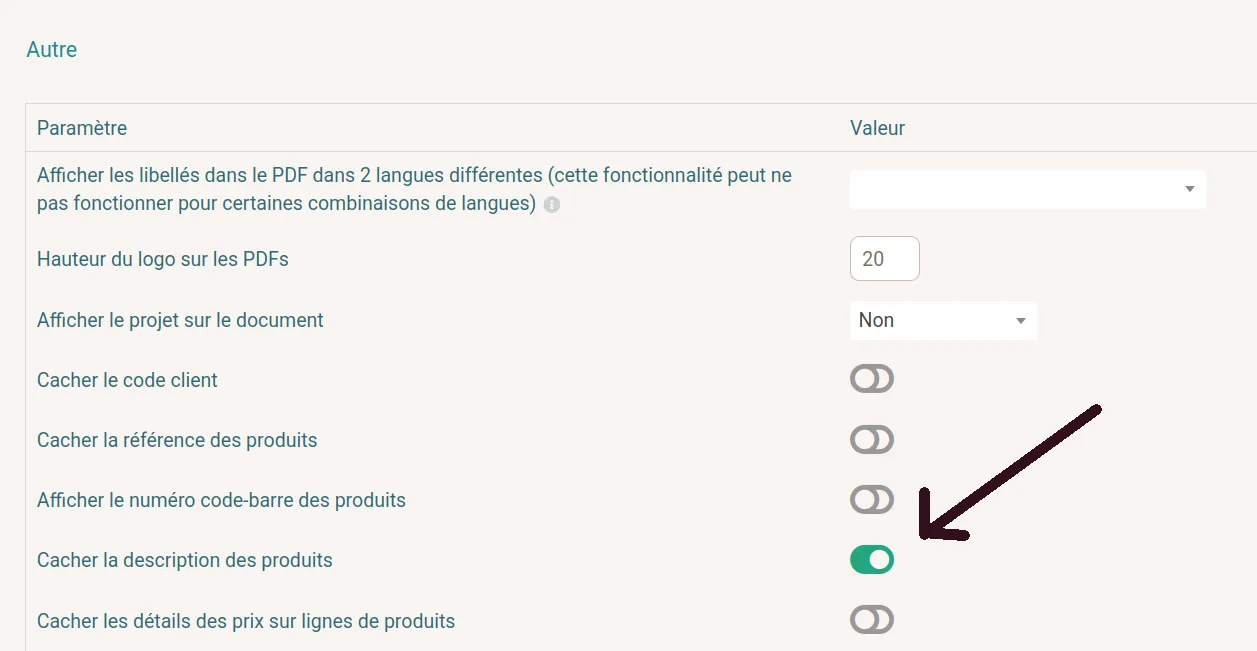 Désactiver les résumés dans les factures