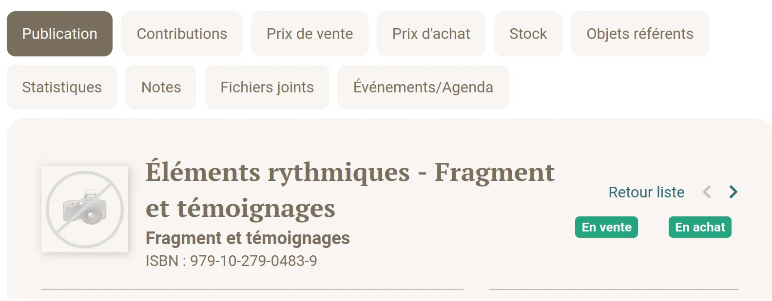 Onglet de la fiche publication