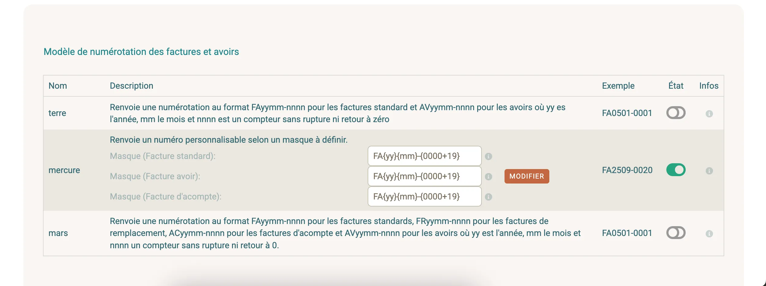 Paramétrage numérotation factures