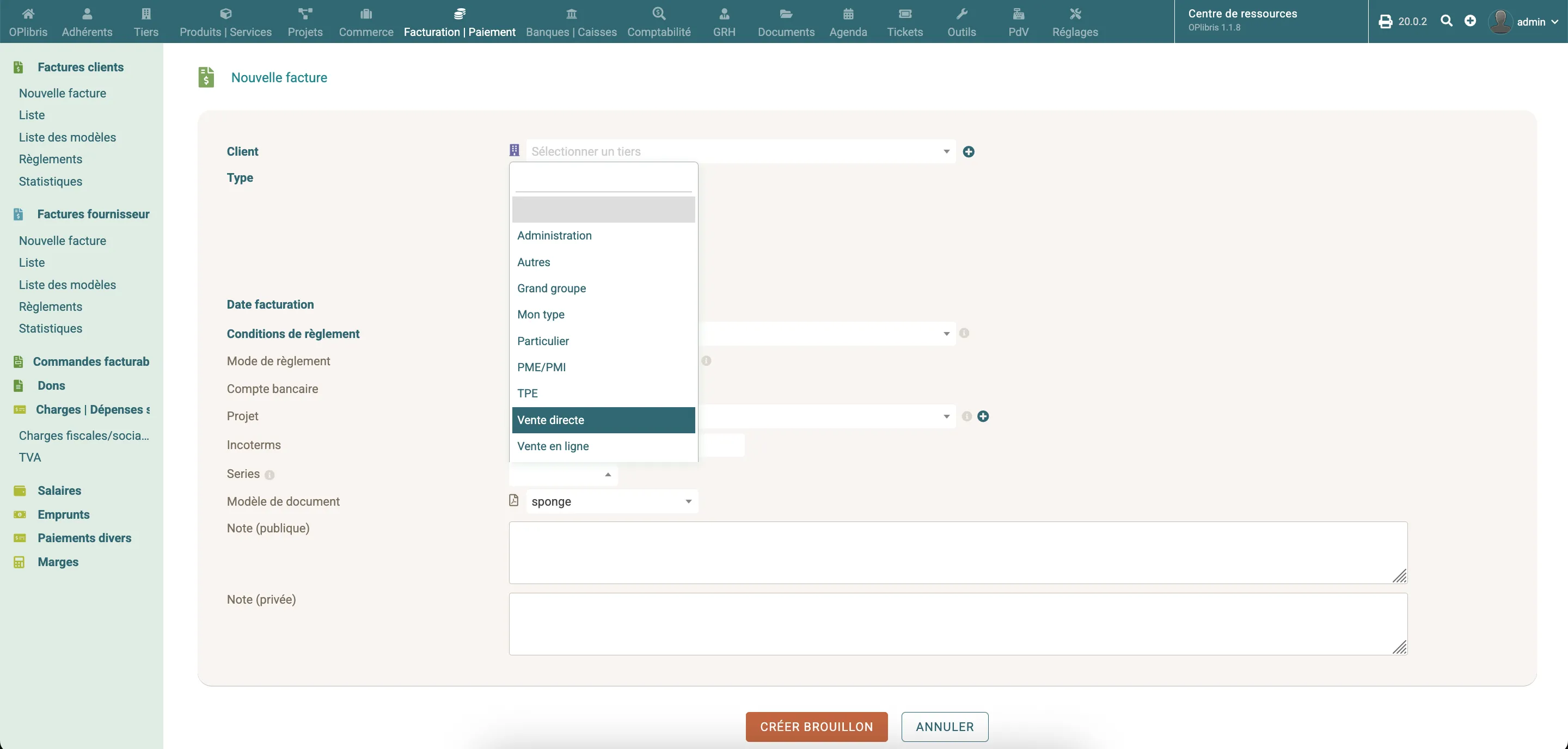 Sélectionner une série dans le formulaire d'une facture