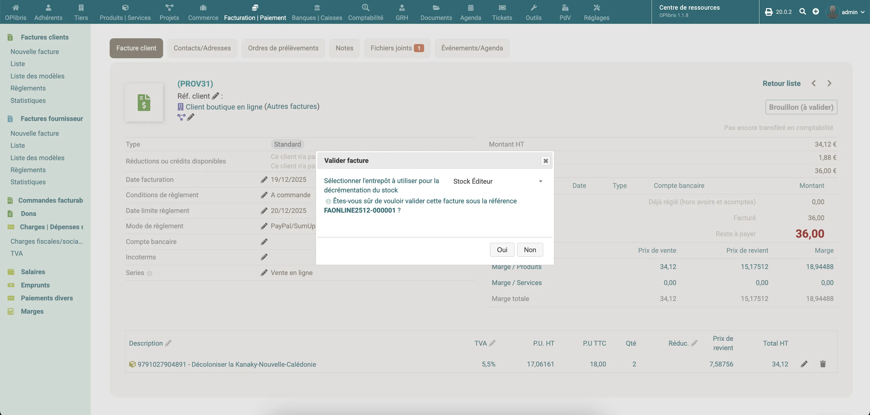 Numérotation de la facture selon la série